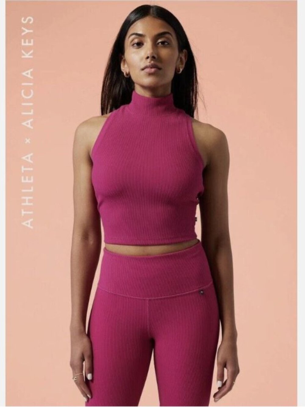 Athleta x Alicia Keys Magenta Pink Ribbed Mock Neck Crop Top, Size XXS
